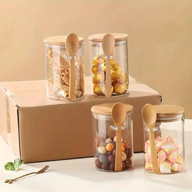 280ml Candy Jar, Biscuit Jar, Glass Storage Jar With Sealed Bamboo Lid And Spoon - 10oz Transparent Glass Bulk Food Storage Jar | Kitchen | Luvasmr - Satisfyingly Organised