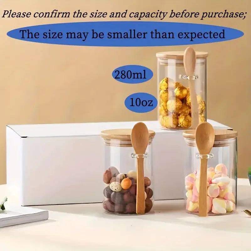 280ml Candy Jar, Biscuit Jar, Glass Storage Jar With Sealed Bamboo Lid And Spoon - 10oz Transparent Glass Bulk Food Storage Jar | Kitchen | Luvasmr - Satisfyingly Organised