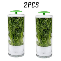 Two herb and vegetable crispers with breathable design, keeping greens fresh in a refrigerator.