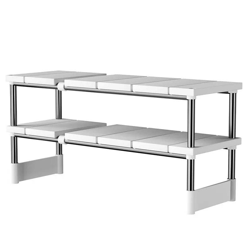 Adjustable under sink organizer with multi-tier design, perfect for optimizing storage in kitchens and bathrooms.