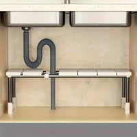 Adjustable under sink organiser with multi-tier design for optimized kitchen storage solutions.