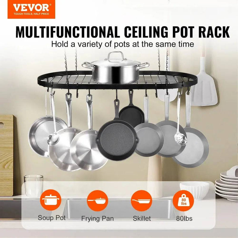 Multifunctional ceiling pot rack holding various pots, including frying pan and skillet, showcasing space-saving kitchen storage.