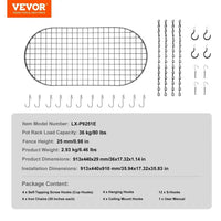 Ceiling Mounted Hanging Pot Rack Organiser by VEVOR featuring grid design and various hooks for easy kitchen storage.
