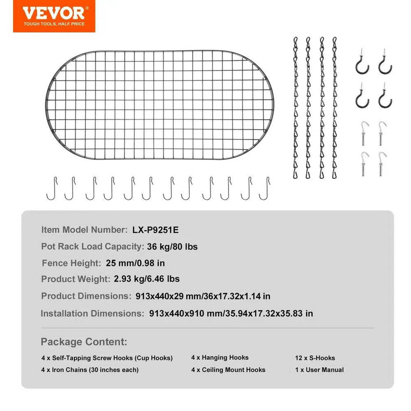 Ceiling Mounted Hanging Pot Rack Organiser by VEVOR featuring grid design and various hooks for easy kitchen storage.