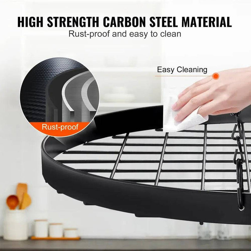 Ceiling mounted pot rack made of high strength carbon steel, rust-proof and easy to clean for kitchen organization.