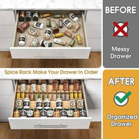 Bamboo spice rack transformation: messy drawer to organized spice storage for efficient kitchen organization.