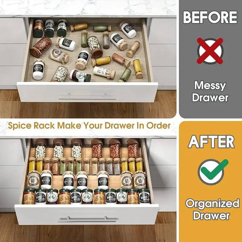 Bamboo spice rack transformation: messy drawer to organized spice storage for efficient kitchen organization.