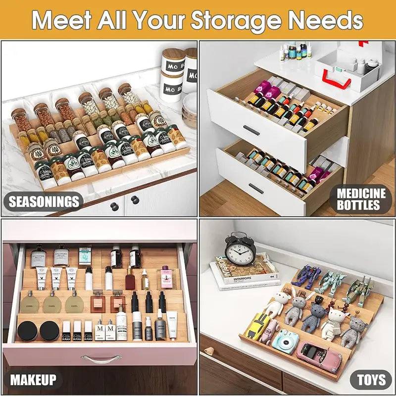 Collage of storage solutions for spices, medicine, makeup, and toys in organized drawer setups.