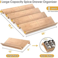 Bamboo Spice Rack 4-Tier Large Capacity with 8 pack, designed to organize spices neatly in drawers.
