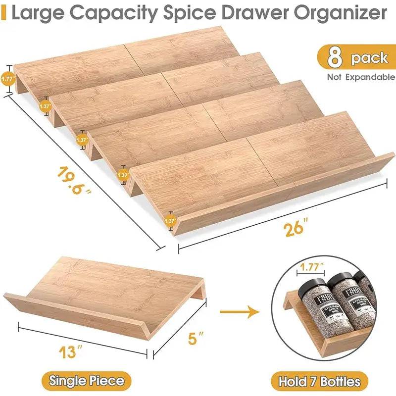 Bamboo Spice Rack 4-Tier Large Capacity with 8 pack, designed to organize spices neatly in drawers.