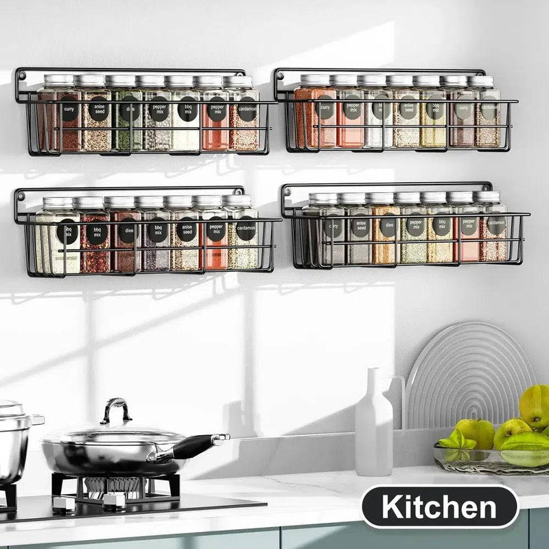 Wall-mounted spice rack displaying organized jars in a modern kitchen, enhancing space-saving and culinary efficiency.