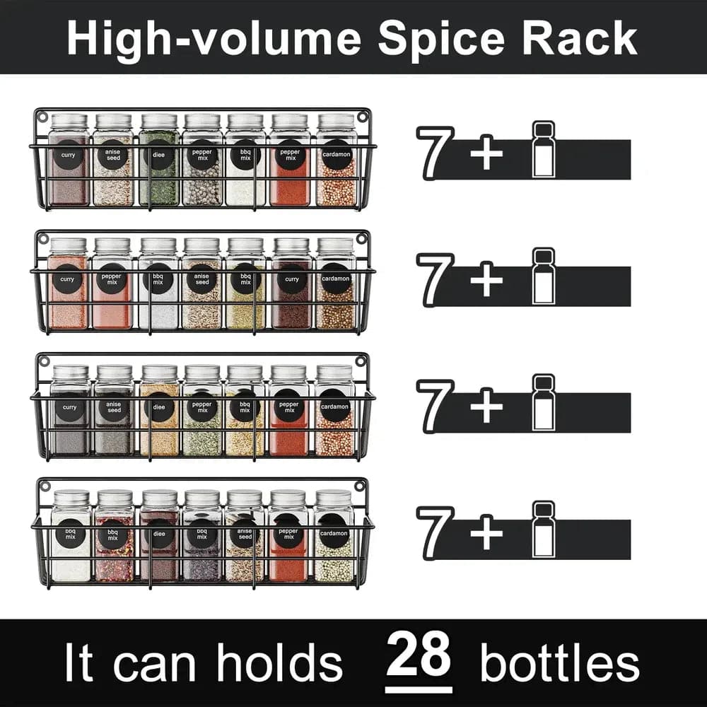 High-volume spice rack image, showcasing storage for 28 spice bottles in a modern, organized design.