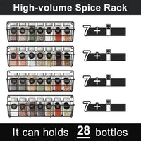 High-volume spice rack image, showcasing storage for 28 spice bottles in a modern, organized design.