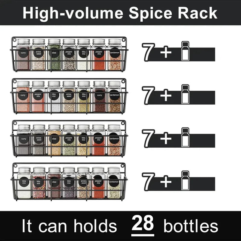 High-volume spice rack image, showcasing storage for 28 spice bottles in a modern, organized design.