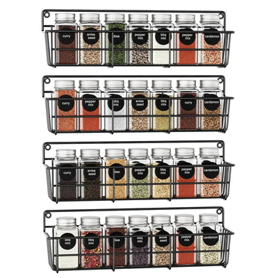 Wall-mounted spice rack with organized spice jars in metal design for kitchen storage and organization.
