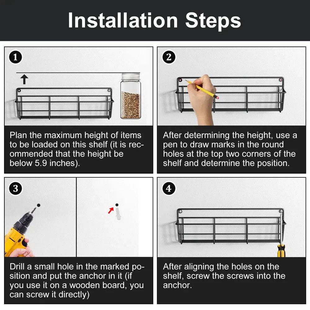 Step-by-step installation guide for a wall-mounted spice rack with clear visuals.