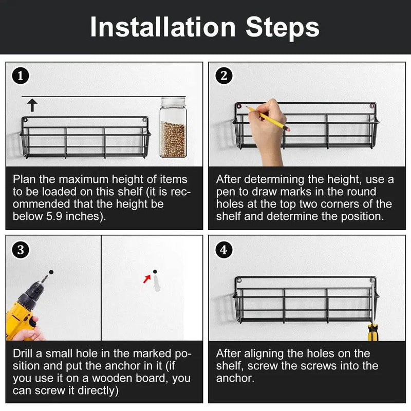 Step-by-step installation guide for a wall-mounted spice rack with clear visuals.