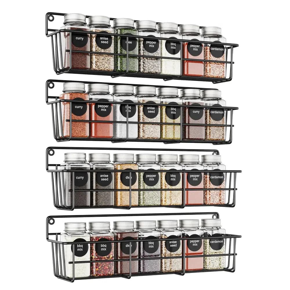 Wall-mounted metal spice rack with labeled jars in a sleek black design for organized kitchen storage.