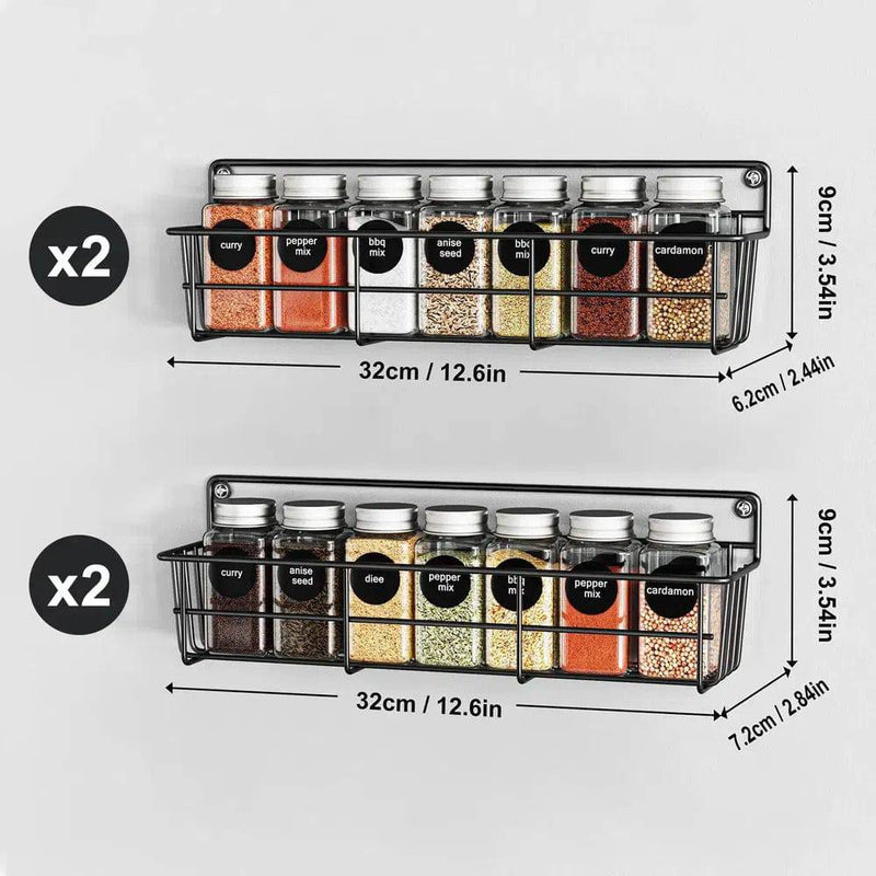 Wall-mounted spice rack with two metal shelves holding jars of spices for an organized kitchen.