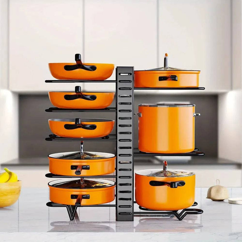 8-Tier Adjustable Pot and Pan Rack Organiser showcasing orange cookware for efficient kitchen storage.