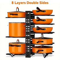 8-tier adjustable pot and pan rack organiser with orange cookware for efficient kitchen storage