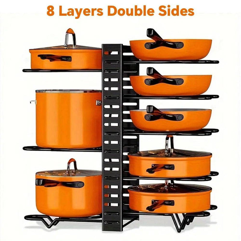 8-tier adjustable pot and pan rack organiser with orange cookware for efficient kitchen storage