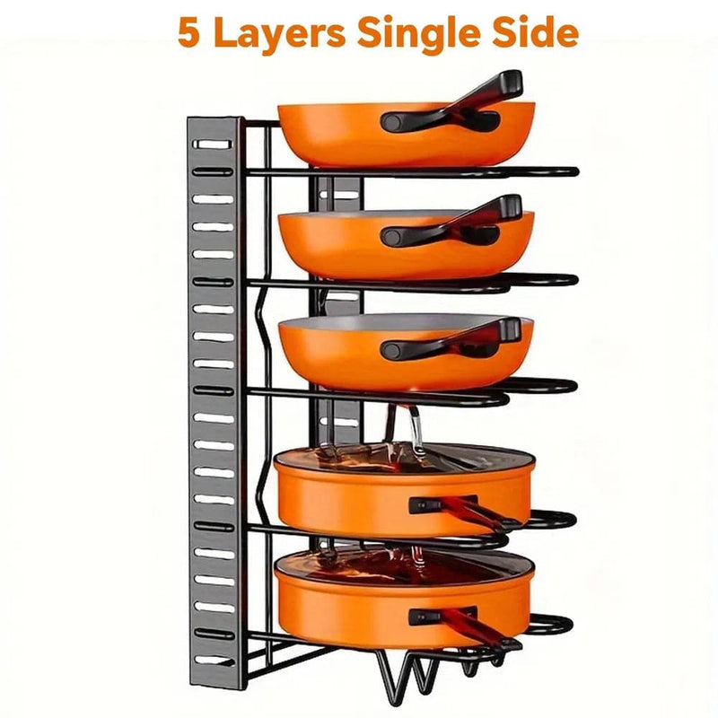 5-layer single side pot and pan rack organizer in sleek black and orange, maximizing kitchen storage and efficiency.