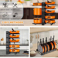 8-Tier adjustable pot and pan rack organiser showcasing various cookware arrangements on kitchen countertop.