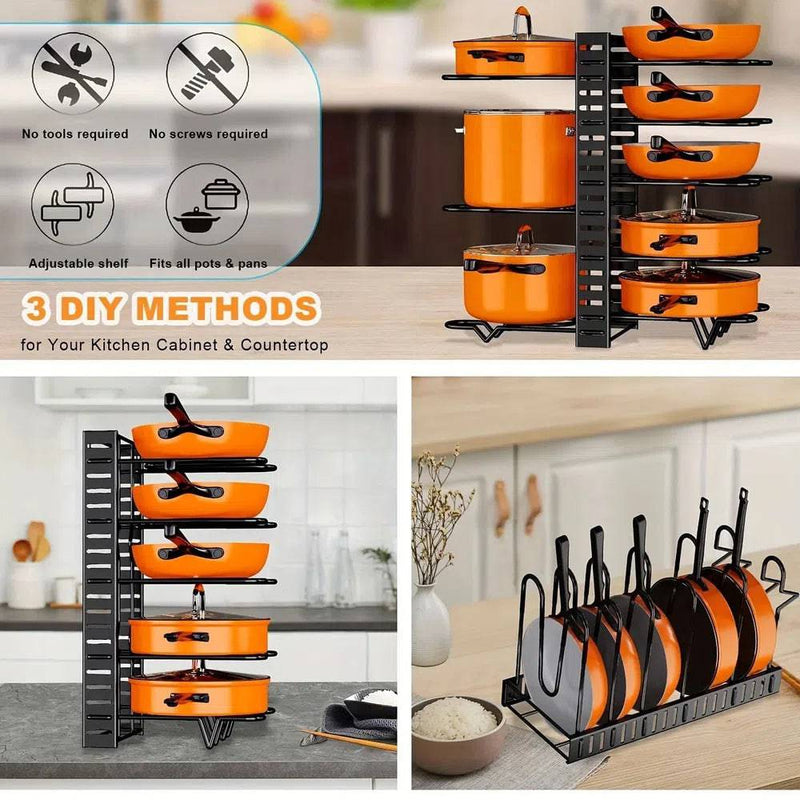 8-Tier adjustable pot and pan rack organiser showcasing various cookware arrangements on kitchen countertop.