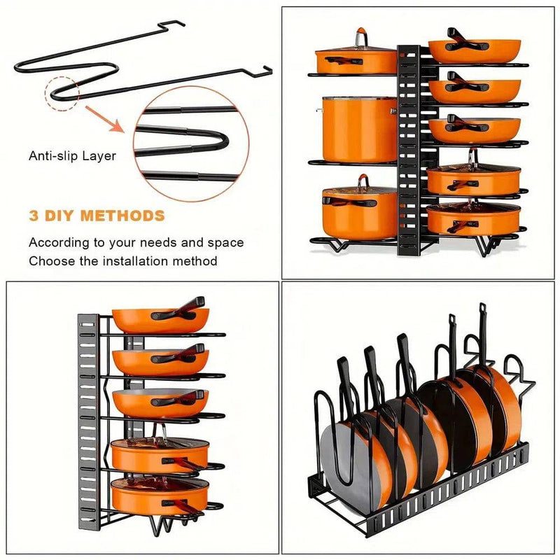 8-Tier Adjustable Pot and Pan Rack Organiser with DIY installation, anti-slip design, and space-saving features.