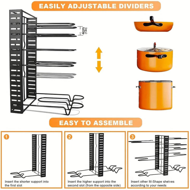 8-Tier adjustable pot and pan rack with easy assembly instructions and customisable dividers for kitchen storage.