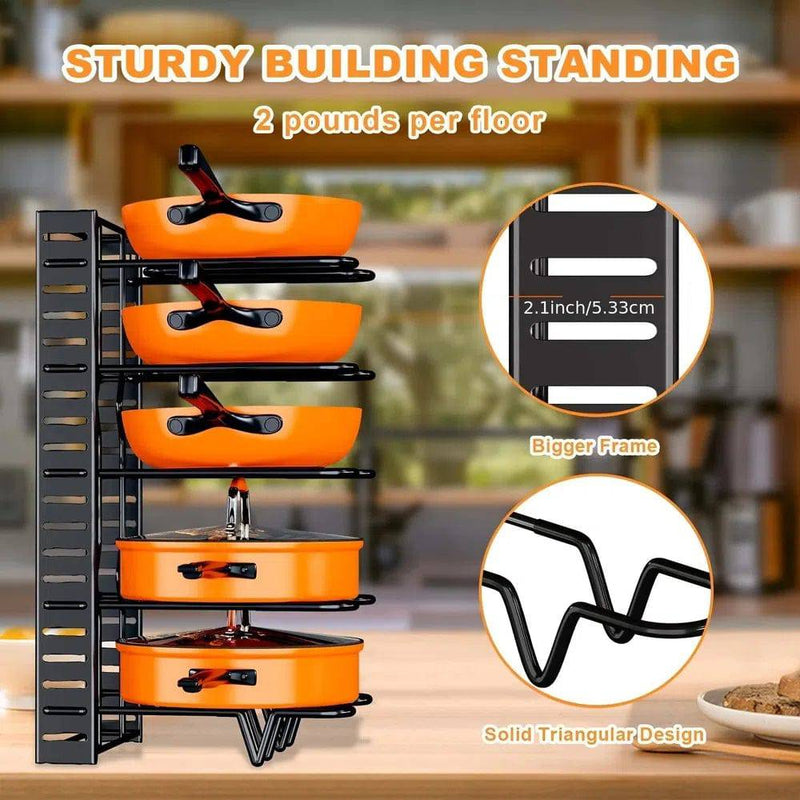8-Tier Adjustable Pot and Pan Rack Organiser showcasing sturdy design and vibrant orange cookware on a modern kitchen background.