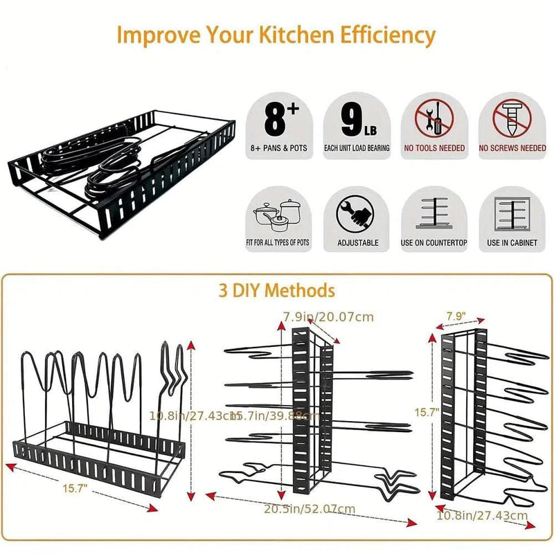 8-Tier Adjustable Pot and Pan Rack Organiser with DIY methods and features to improve kitchen efficiency.