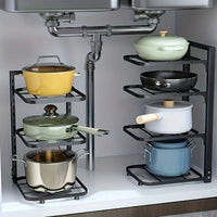 Adjustable pot rack multi-layer storage under sink, organizing various pots and pans in a sleek design.