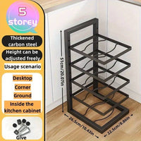 Adjustable multi-layer pot rack made of thickened carbon steel, perfect for kitchen organization and pot storage.