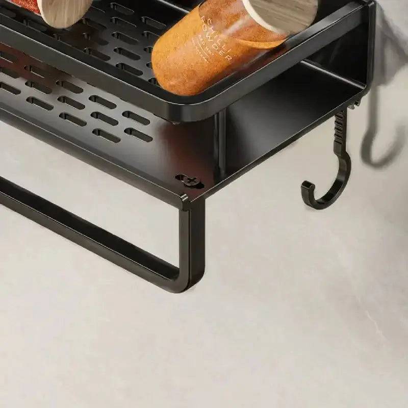 Wall-mounted spice rack featuring a towel bar and hooks, designed for stylish kitchen organization.