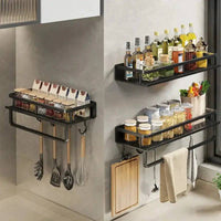 Stylish wall-mounted spice rack featuring shelves for bottles, jars, and a towel bar for enhanced kitchen organization.
