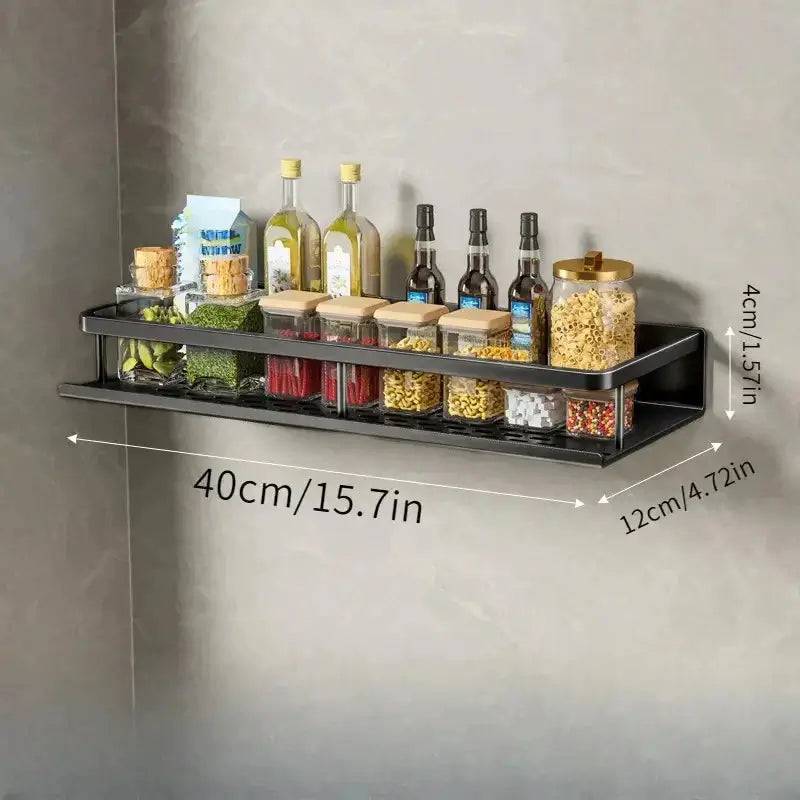 Wall-mounted spice rack with jars, oils, and spices, improving kitchen organization and style.