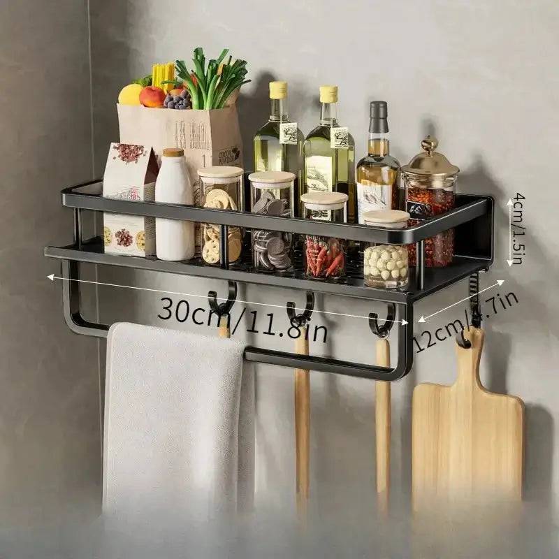 Wall-mounted spice rack with towel bar, holding jars, oils, and herbs, adding style and organization to the kitchen.