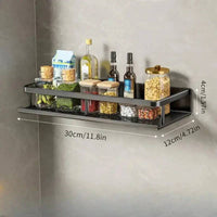 Wall-mounted spice rack with towel bar, showcasing bottles and jars for organized kitchen storage.