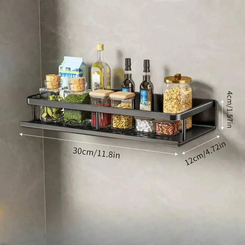 Wall-mounted spice rack with towel bar, showcasing bottles and jars for organized kitchen storage.