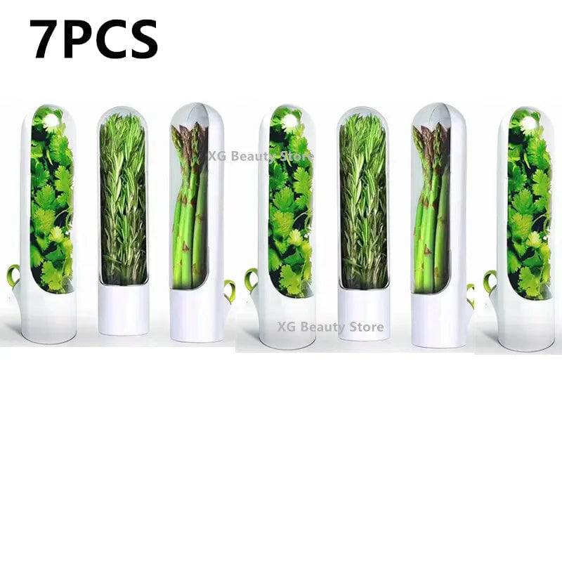 Seven Herb Saver Containers showcasing fresh herbs and vegetables, designed to extend freshness and flavor in the kitchen.