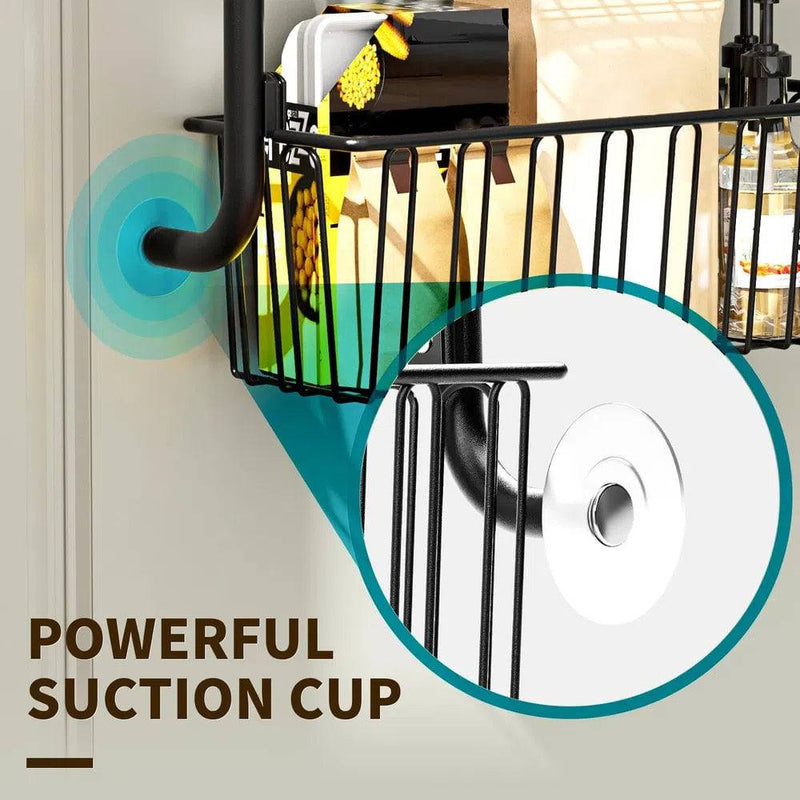 Close-up of a powerful suction cup on a multi-tier overdoor storage basket, showcasing its easy installation feature.