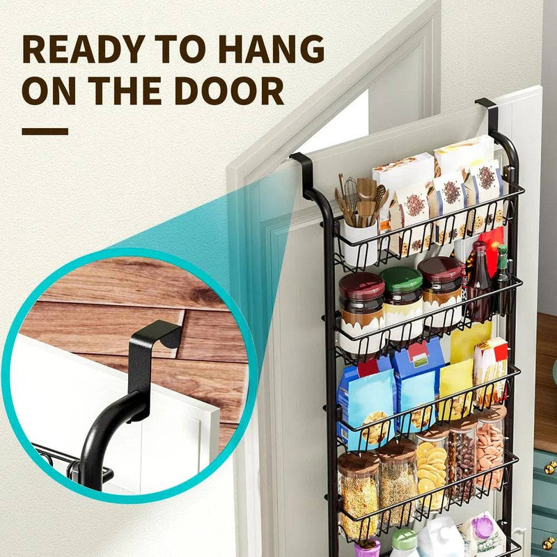 Multi-tier overdoor storage basket ready to hang on a door, featuring various containers for organized storage.