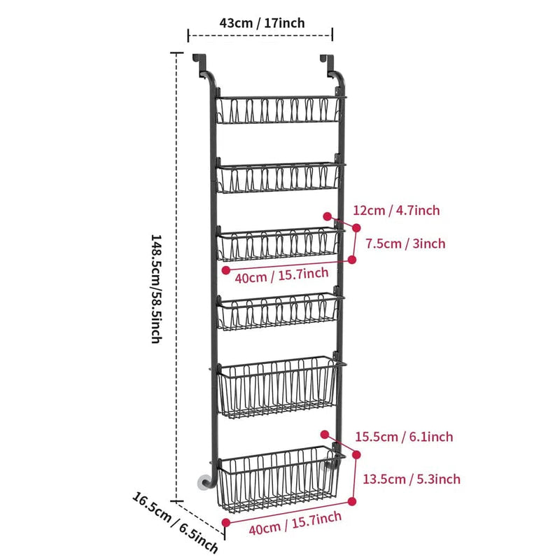 Multi-Tier Overdoor Storage Basket dimensions, featuring carbon steel and punch-free installation for home organization.