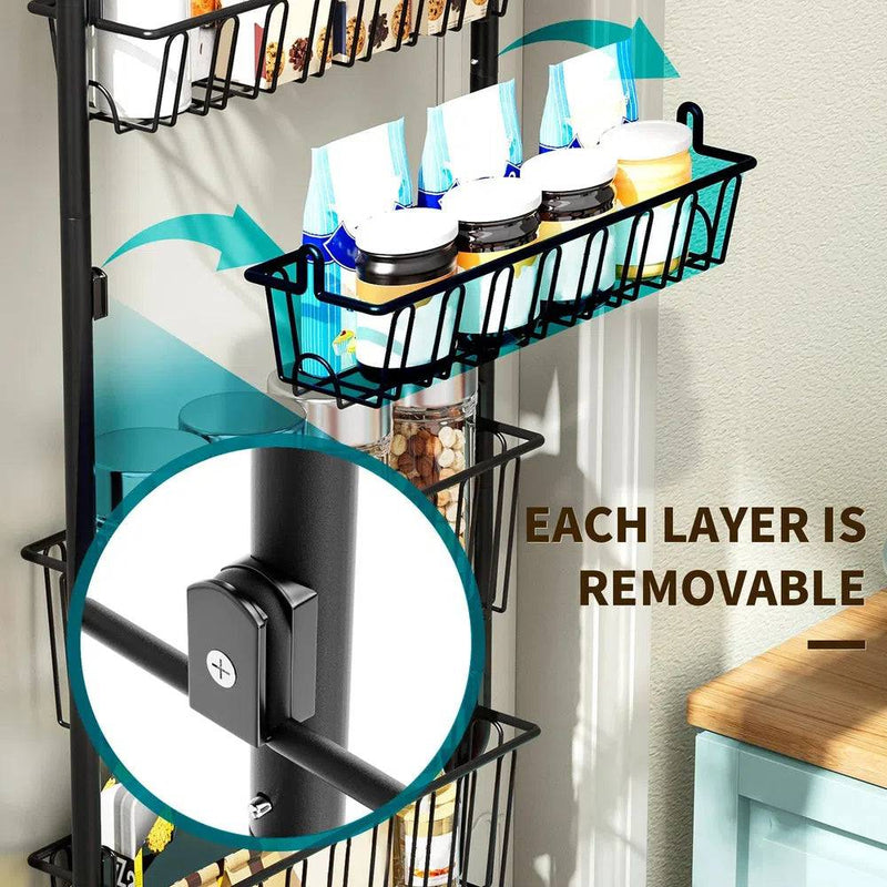 Multi-tier overdoor storage basket with removable layers for easy organization in home spaces.