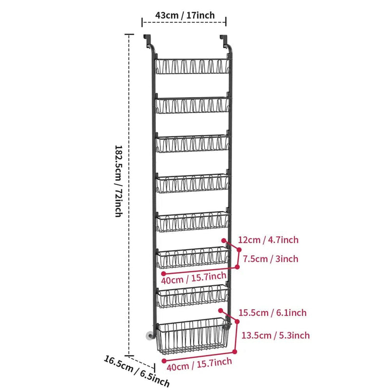 Multi-Tier Overdoor Storage Basket dimensions showing height, width, and individual basket sizes for easy home organization.