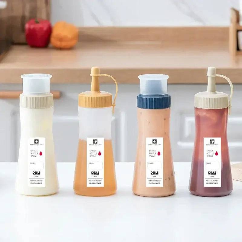 Multi-Purpose Condiment Dispenser set with various sauces, ideal for organizing spices and condiments in the kitchen.