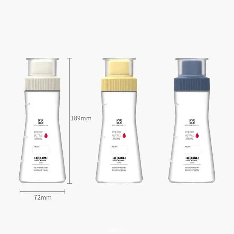 Three 350ml Multi-Purpose Condiment Dispensers with clear bottles and colored lids for easy seasoning access.