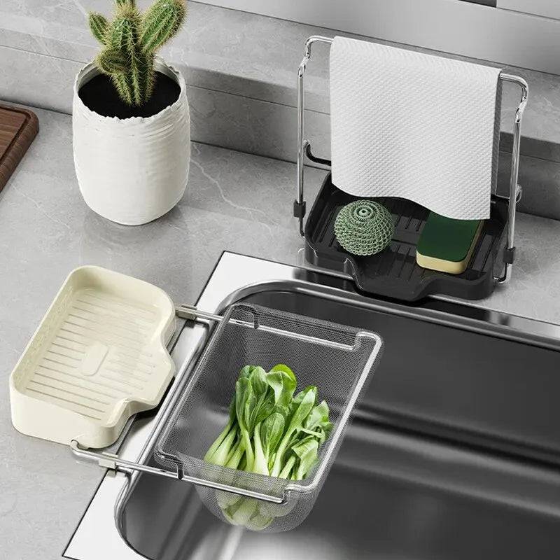 Multi-functional kitchen sink strainer shelf with vegetable holder, sponge, and towel for effortless hygiene.